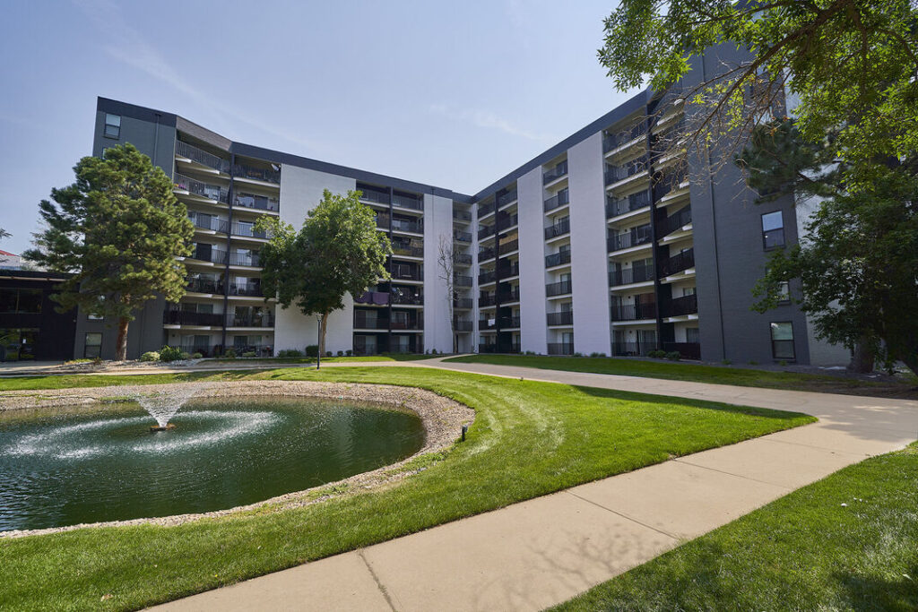 Courtyard and fountain at Elm at Panorama apartments near Downtown Denver