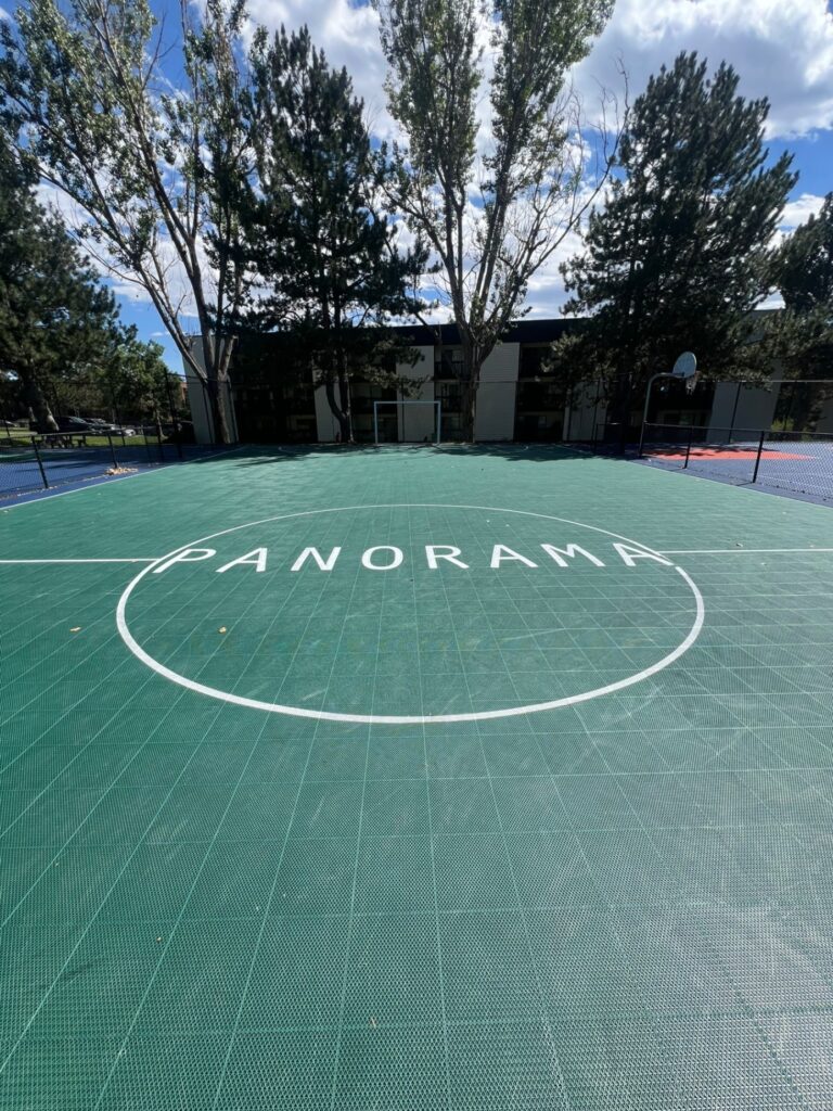 green outdoor court with Panorama text in the center