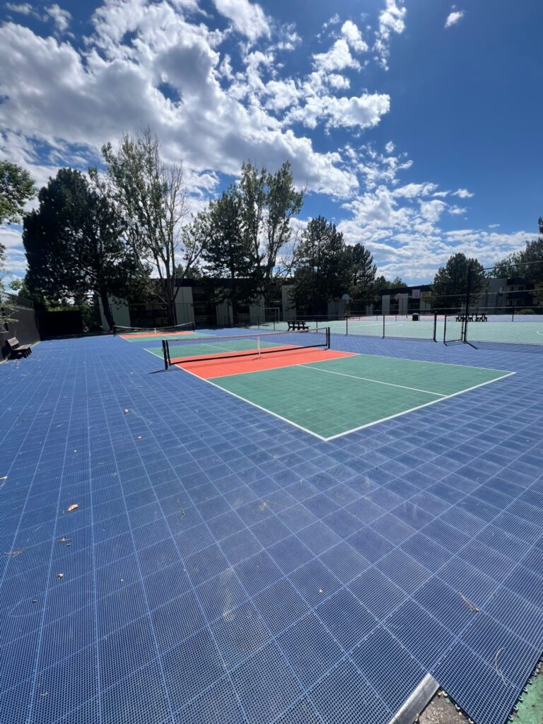 full size pickleball court in a fenced in outdoor space
