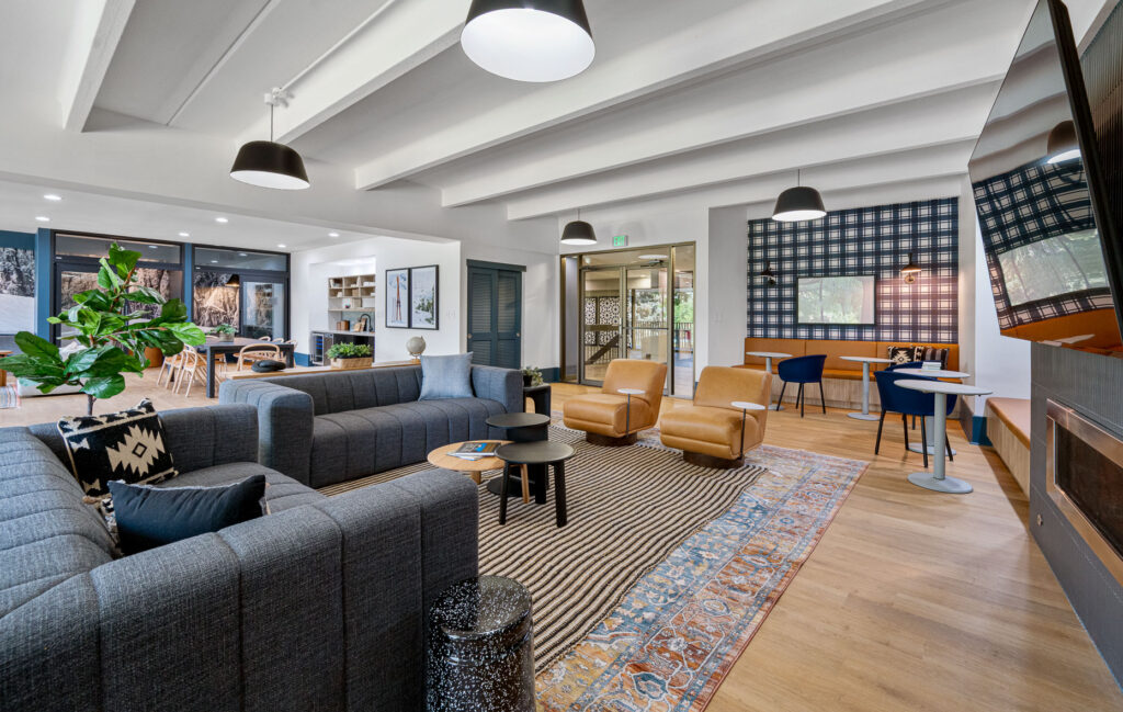 Elm at Panorama clubhouse entry seating space with sofas and armchair seating in a room with overhead and natural lighting with a television and fireplace